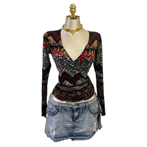 Y2K Vintage Black Blue Red Floral Graphic Print Top [M]