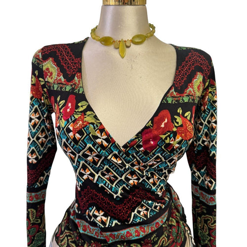 Y2K Vintage Black Blue Red Floral Graphic Print Top [M]