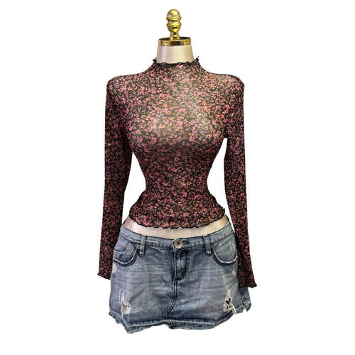 Y2K Vintage Black Ditsy Pink Floral Sheer Long Sleeve Top [S]