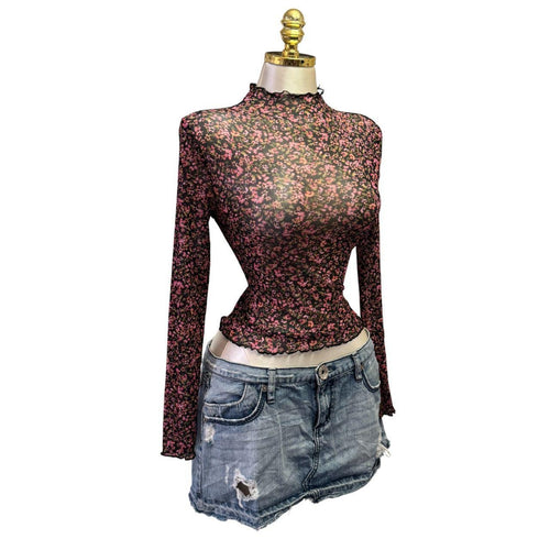 Y2K Vintage Black Ditsy Pink Floral Sheer Long Sleeve Top [S]