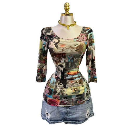 Y2K Vintage Green Graphic Faces Lovers Top [S]