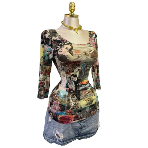 Y2K Vintage Green Graphic Faces Lovers Top [S]