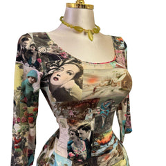 Y2K Vintage Green Graphic Faces Lovers Top [S]