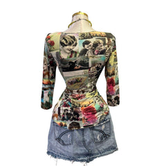 Y2K Vintage Green Graphic Faces Lovers Top [S]