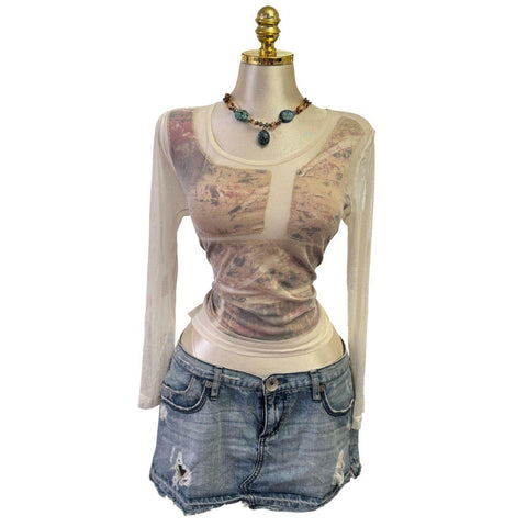 90s Vintage Brown Leopard Off Shoulder Black Lace Trim Top  [L]