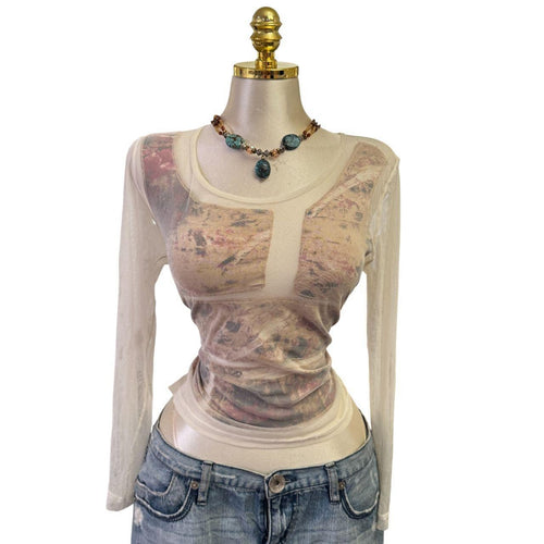 90s Vintage White Mesh W/ Black Red Beige Tie-dye Lining Top  [L]