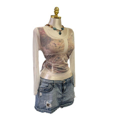 90s Vintage White Mesh W/ Black Red Beige Tie-dye Lining Top  [L]