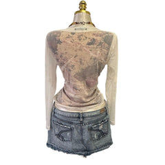 90s Vintage White Mesh W/ Black Red Beige Tie-dye Lining Top  [L]