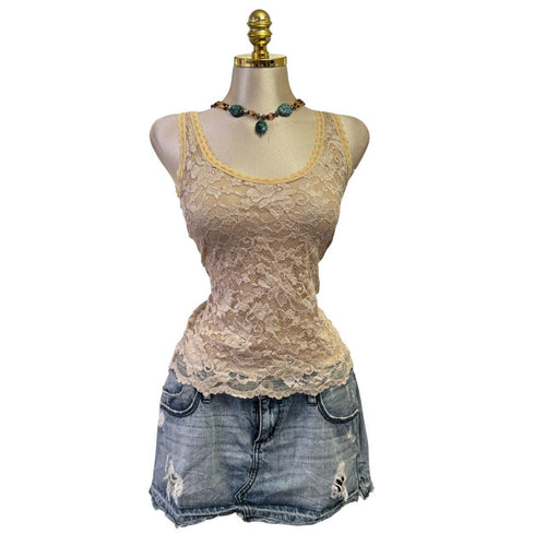90s Vintage Beige Cream Floral Lace Top [L]