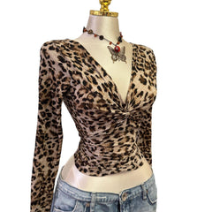 90s Vintage Brown Leopard V Neck Top  [S]