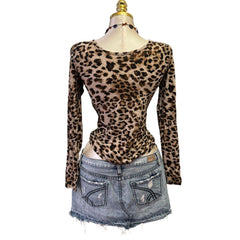 90s Vintage Brown Leopard V Neck Top  [S]