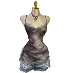 90s Vintage Gray Glitter Mesh Lace V-neck Top [L]
