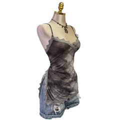 90s Vintage Gray Glitter Mesh Lace V-neck Top [L]