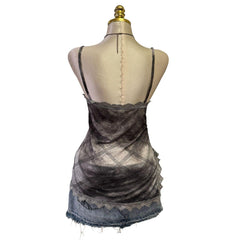 90s Vintage Gray Glitter Mesh Lace V-neck Top [L]