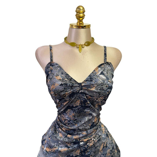 90s Vintage Blue Orange Floral Asymmetrical Hem Top [L]