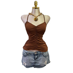 Y2K Vintage Brown Ruched V-Neck Top  [M]