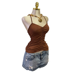 Y2K Vintage Brown Ruched V-Neck Top  [M]