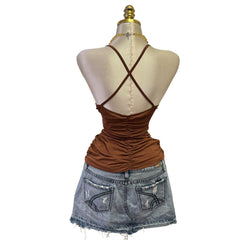 Y2K Vintage Brown Ruched V-Neck Top  [M]