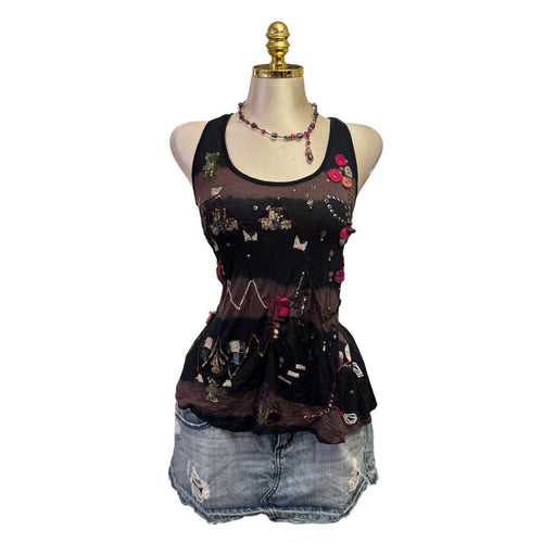 Y2K Vintage All Saints Black Brown Beaded Sequin Top [M]