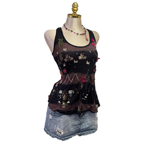 Y2K Vintage All Saints Black Brown Beaded Sequin Top [M]