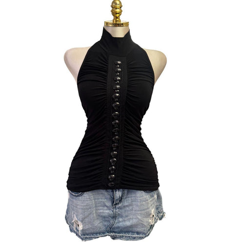 Y2K Vintage Black Beaded Turtleneck Low Back Top [M]