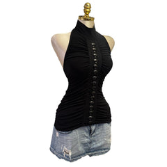 Y2K Vintage Black Beaded Turtleneck Low Back Top [M]