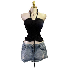 Y2K Vintage Black Halter Ruched Top [S]