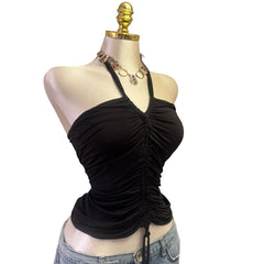 Y2K Vintage Black Halter Ruched Top [S]