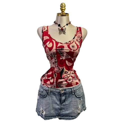 Y2K Vintage Red Black Graphic Print Eyes Top  [M]