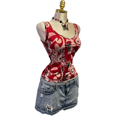 Y2K Vintage Red Black Graphic Print Eyes Top  [M]