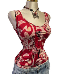 Y2K Vintage Red Black Graphic Print Eyes Top  [M]