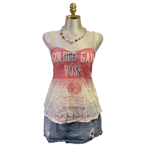 90s Vintage Ivory Light Red "Golden Gate Rose" Blue Ribbon Top [M]
