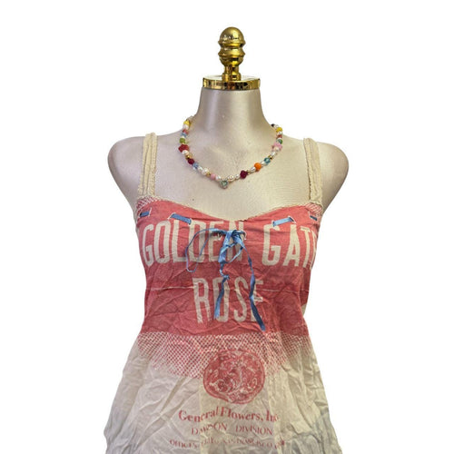 90s Vintage Ivory Light Red "Golden Gate Rose" Blue Ribbon Top [M]