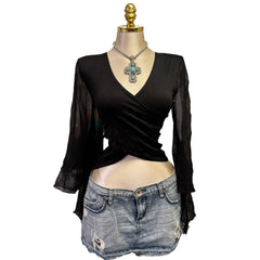 Y2K Vintage Black Mesh Butterfly Sheer Sleeve Top  [M]