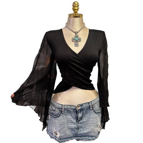 Y2K Vintage Black Mesh Butterfly Sheer Sleeve Top  [M]