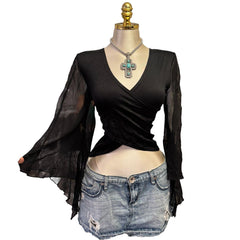 Y2K Vintage Black Mesh Butterfly Sheer Sleeve Top  [M]