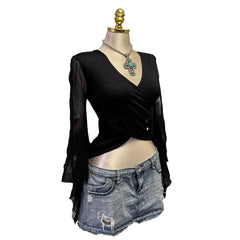 Y2K Vintage Black Mesh Butterfly Sheer Sleeve Top  [M]