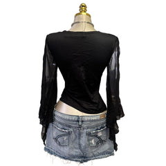 Y2K Vintage Black Mesh Butterfly Sheer Sleeve Top  [M]