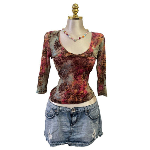 Y2K Vintage Red Pink Brown Green Tied Dye Floral Paisley Top [M]