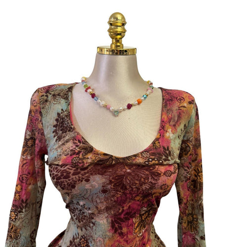 Y2K Vintage Red Pink Brown Green Tied Dye Floral Paisley Top [M]