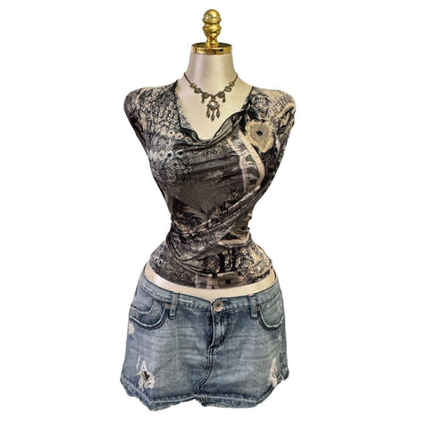90s Vintage White Mesh W/ Black Red Beige Tie-dye Lining Top  [L]