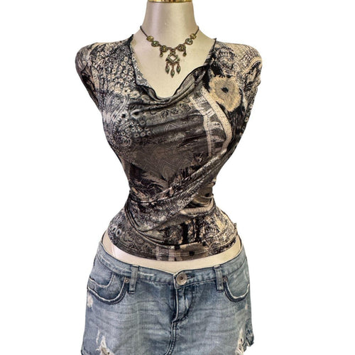 90s Vintage Black Gray Floral Coin Top  [L]