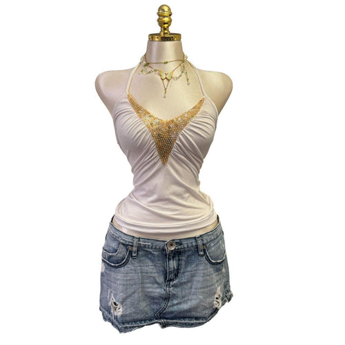 Y2K Vintage White Gold Sequin Halter Top [S]