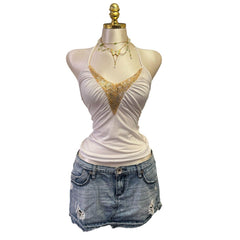 Y2K Vintage White Gold Sequin Halter Top [S]
