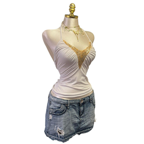 Y2K Vintage White Gold Sequin Halter Top [S]