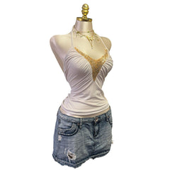 Y2K Vintage White Gold Sequin Halter Top [S]