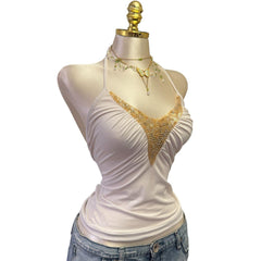 Y2K Vintage White Gold Sequin Halter Top [S]