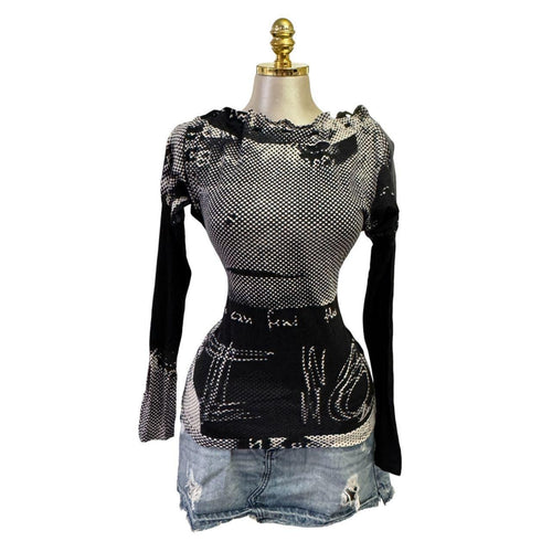 90s Vintage Black Ivory Gray Artsy Top [L]