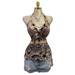 Y2K Vintage Brown Black Halter W Beads Top [M]