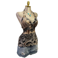 Y2K Vintage Brown Black Halter W Beads Top [M]